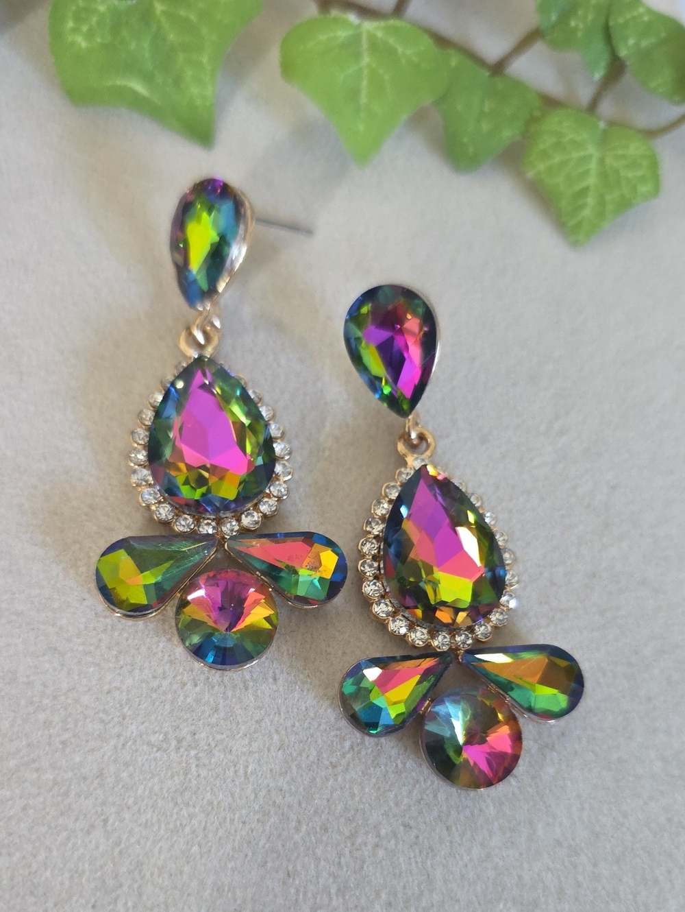 Iridescent Multi-Color Crystal Statement Dangle Earrings Gold Tone
